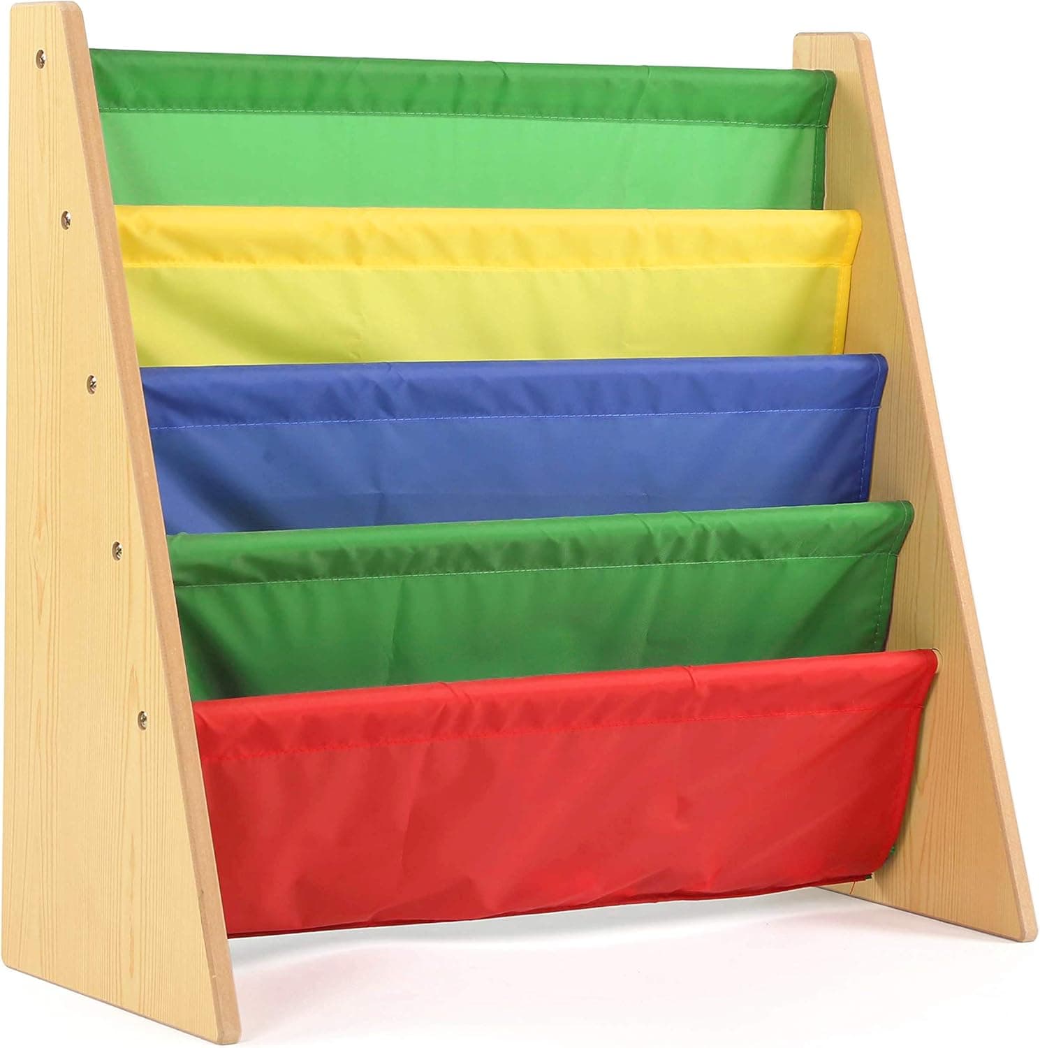 Humble Crew 4-Tier Kids Bookshelf, Natural Wood/Primary, Toddler Sling Book Rack Nursery Bookcase
