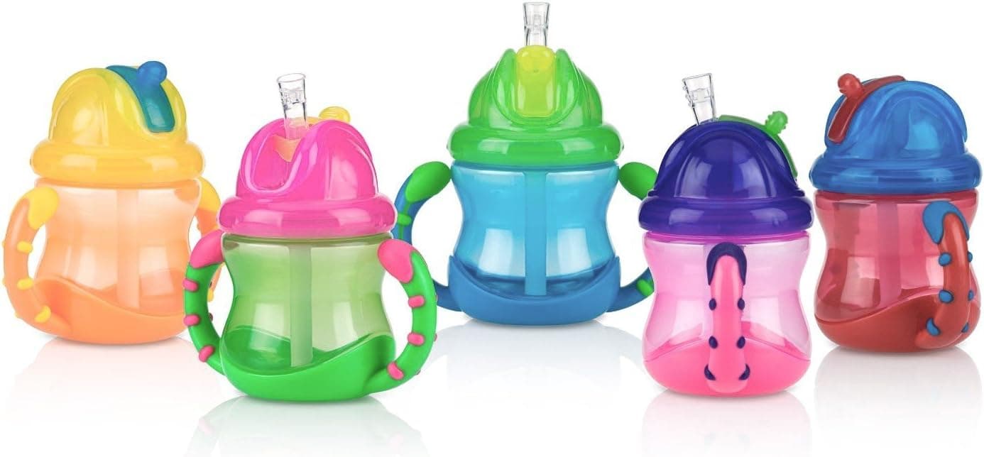 Nuby Two-Handle Flip N' Sip Straw Cup, 8 Ounce, No-Spill Toddler Training Straw Sippy Cup, Colors May Vary