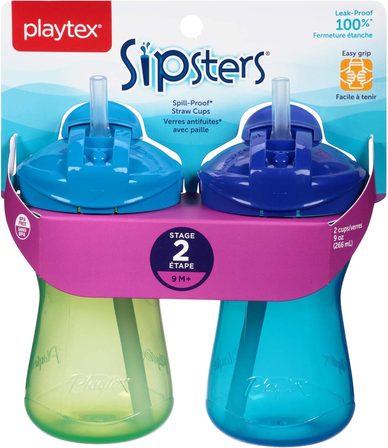 Playtex Sipsters Stage 2 Spill-Proof, Leak-Proof, Break-Proof Straw Sippy Cups, 9 Ounce, 2 Count, Colors May Vary