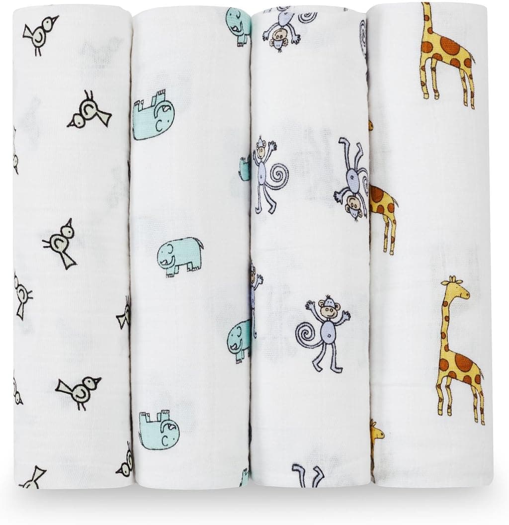 aden + anais Boutique Muslin Swaddle Blanket for Baby Girls and Boys, 100% Muslin Cotton, 4 Pack, Jungle Jam