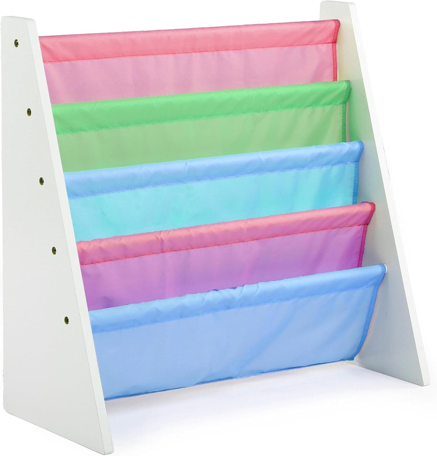 Humble Crew 4-Tier Kids Bookshelf, White Wood/Pastels, Toddler Sling Book Rack Nursery Organizer