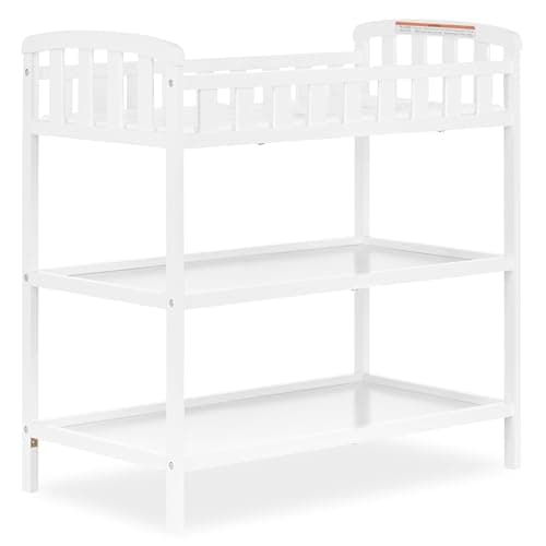 Dream On Me Emily Changing Table with Two Storage Shelves, White | BSA Verified, Changing Pad with Safety Belt, Elevated Side Rails, Made of Solid New Zealand Pinewood