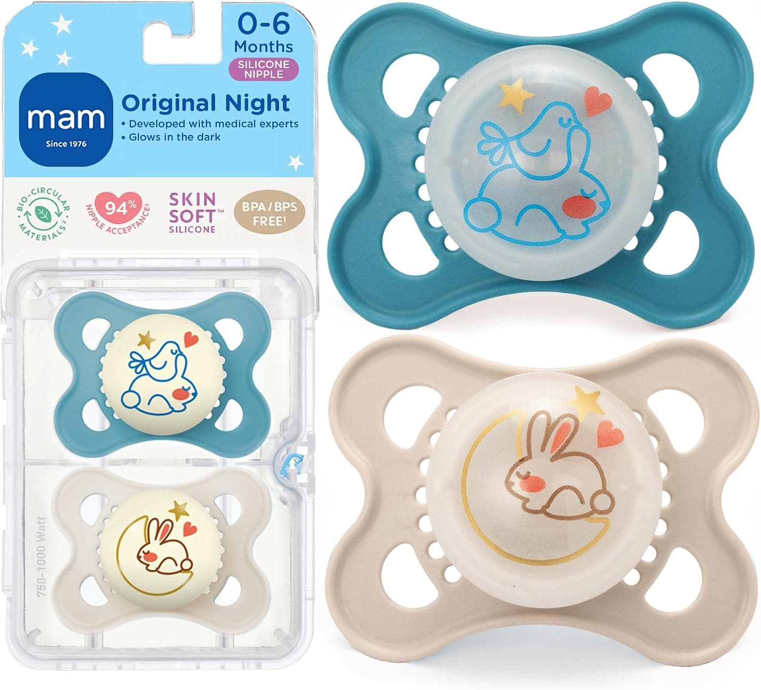 MAM Original Baby Pacifiers 0-6 Months, BPA-Free SkinSoft Silicone Glows in Dark, Sterilizer Case