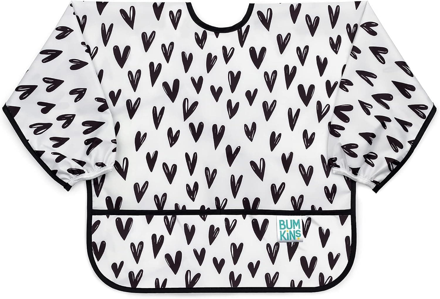 Bumkins Sleeved Bib for Baby and Toddler 6-24 Months, Long Sleeve Food Catcher, Hearts Black and White