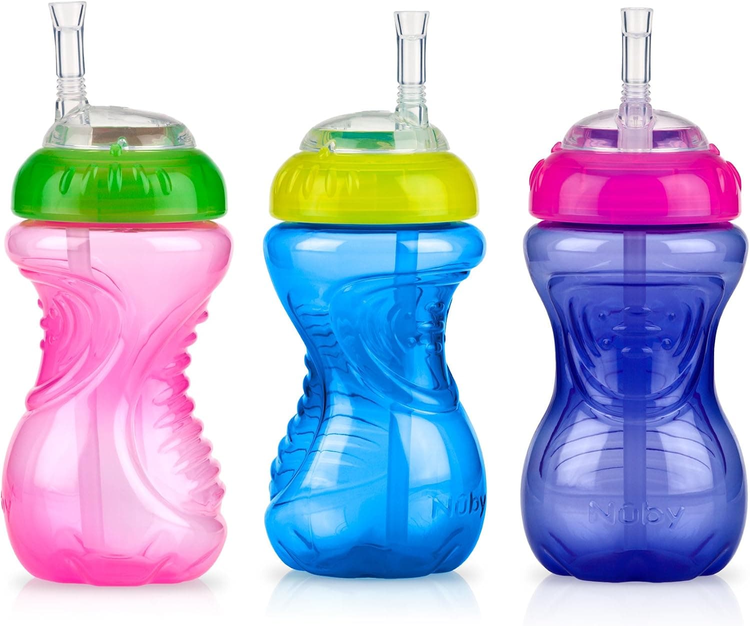 Nuby No-Spill Soft Straw Easy Grip Sippy Cup for Girls (3-Pack) 10 Oz, 12+ Months, Training Cups for Toddlers