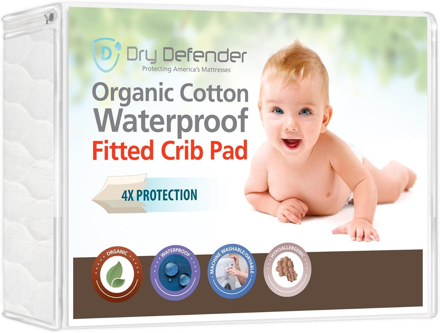 Organic Cotton Waterproof Fitted Crib Pad, Natural Baby Mattress Cover & Protector, Non-Toxic, 28x52x7