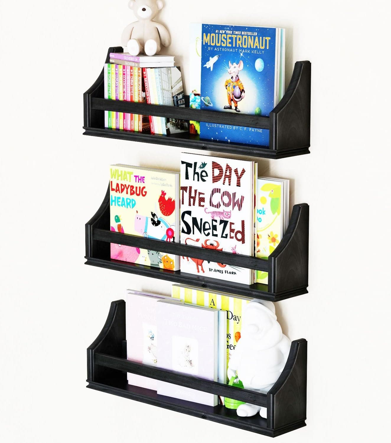 Nursery Decor Wall Shelves Set of 3, Crown Molding Floating Bookshelves Birch Baby Room Ledge