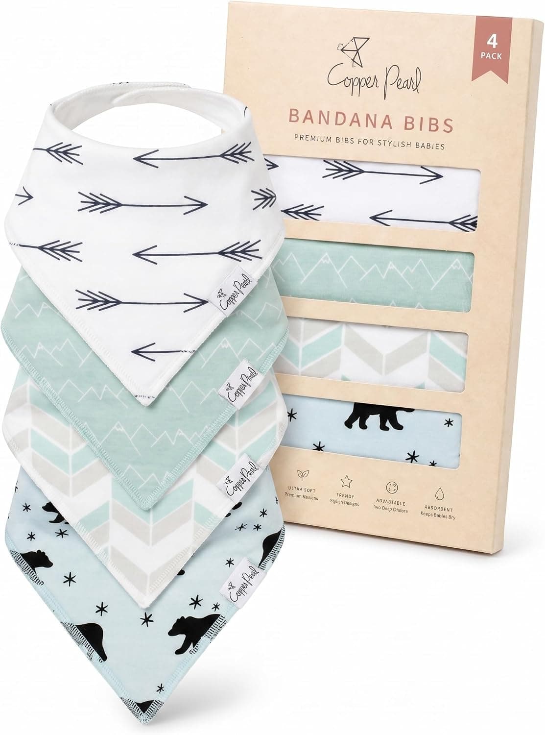 Copper Pearl 4 Pack Soft Cotton Baby Bibs for Drooling and Teething, Absorbent Drool Bibs, Archer Set