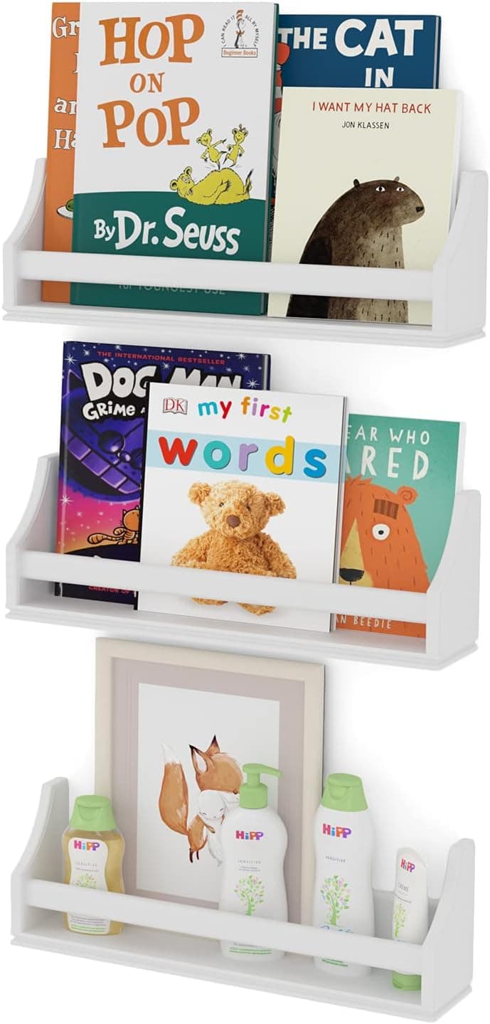 Nursery Decor Wall Shelves Set of 3, Crown Molding Floating Bookshelves for Baby and Kids Room