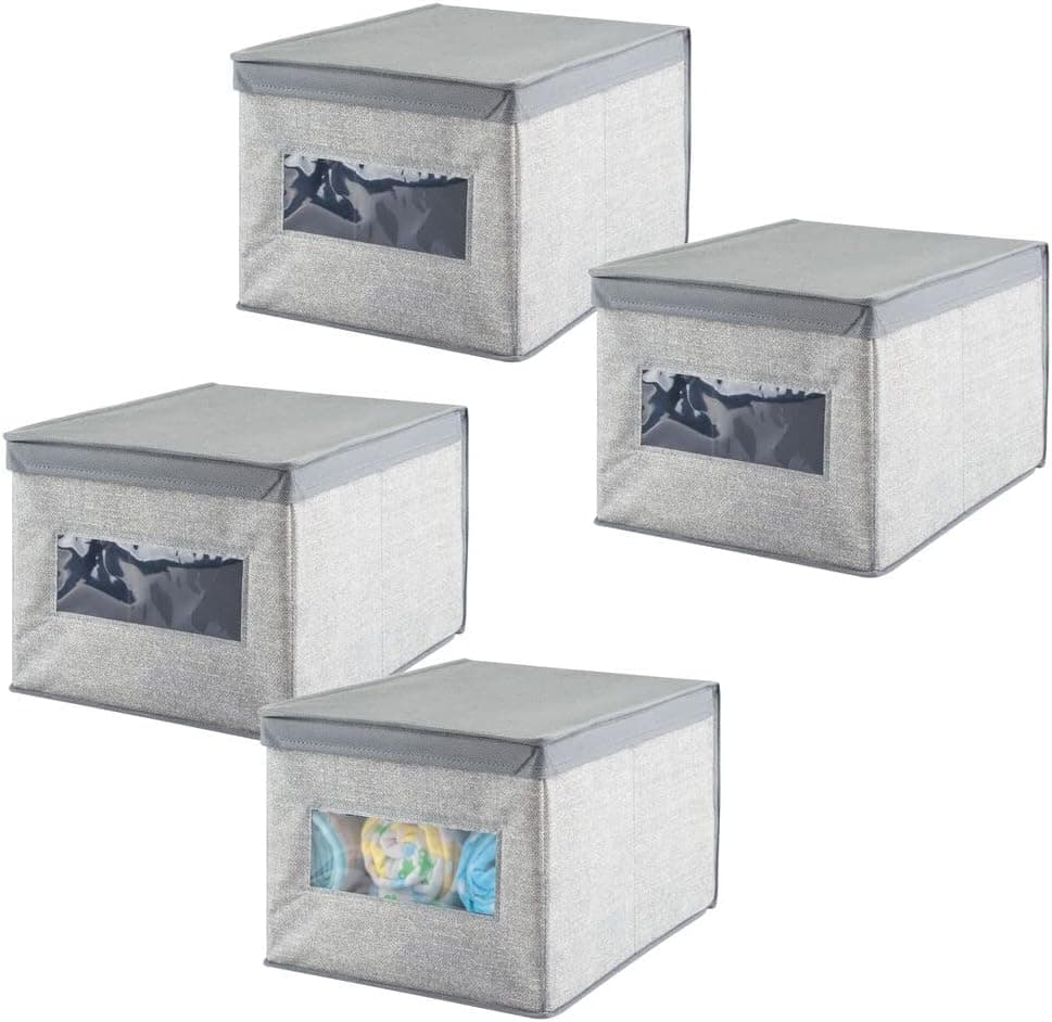 mDesign Large Soft Stackable Fabric Baby Nursery Storage Bin with Front Window and Lid, Lido, 4 Pack, Gray