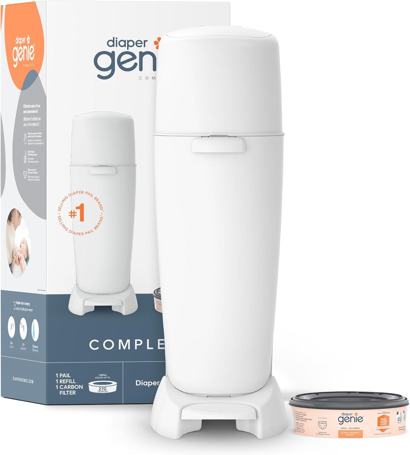 Playtex Diaper Genie Complete Pail with Built-In Odor Controlling Antimicrobial, White