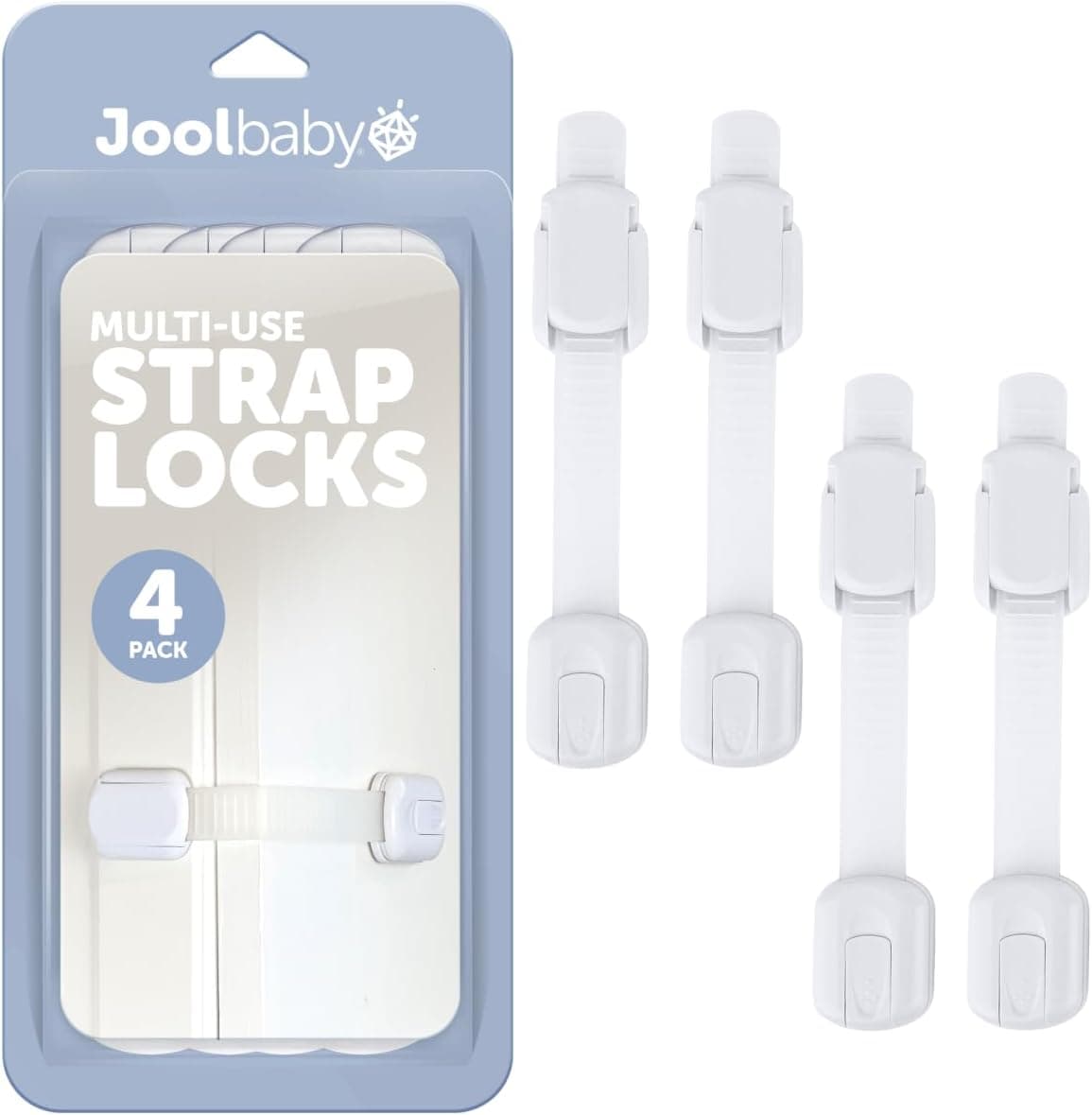 Jool Baby Child Safety Strap Locks (4 Pack) Baby Proof Cabinets, Drawers, Fridge, 3M Adhesive