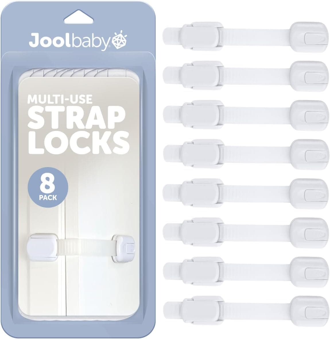 Child Safety Strap Locks (8 Pack) Baby Proof Cabinets, Drawers, Fridge, 3M Adhesive, Jool Baby