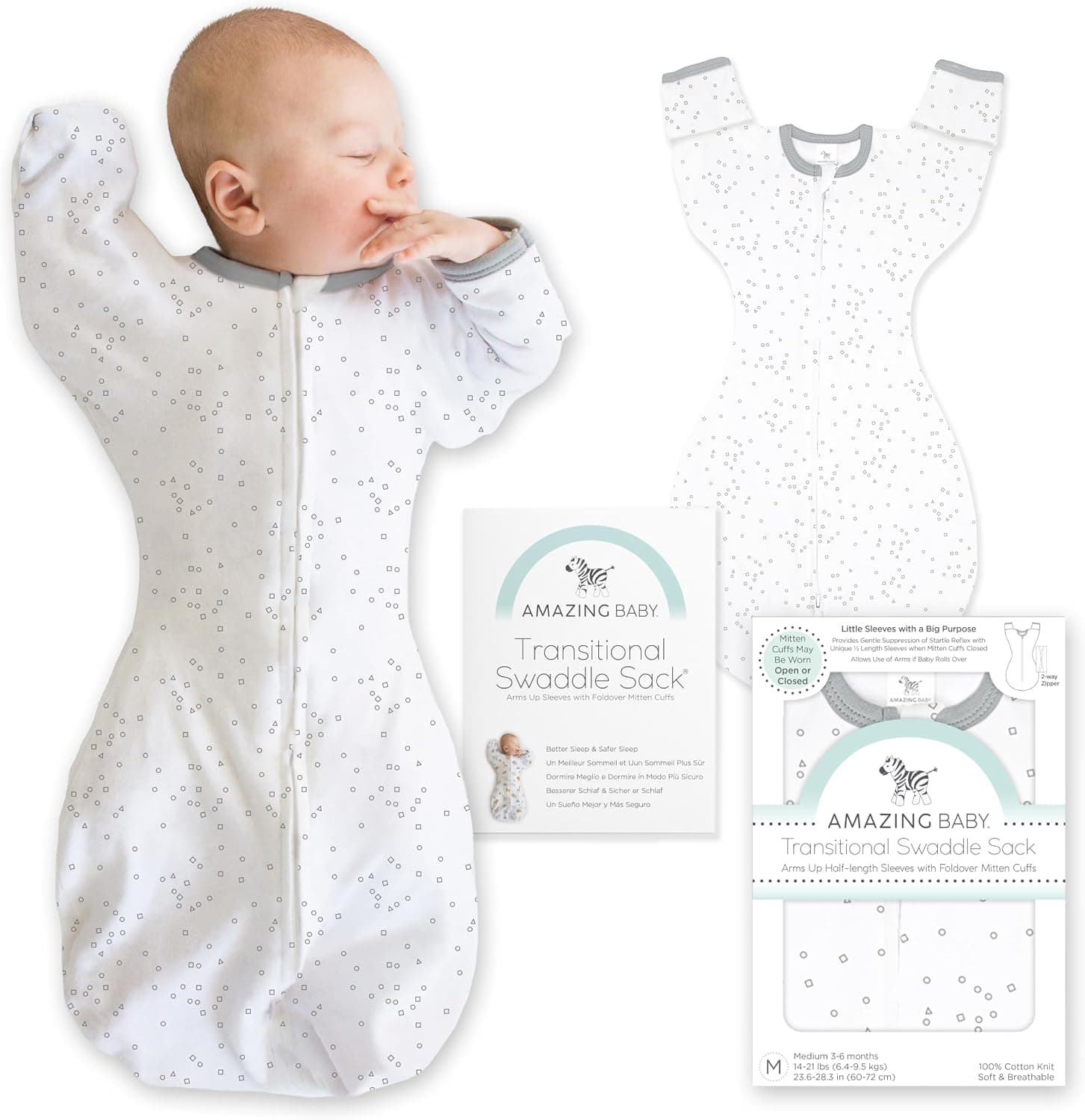 Amazing Baby Transitional Swaddle Sack, Arms Up Half-Length Sleeves Mitten Cuffs, Sterling Confetti