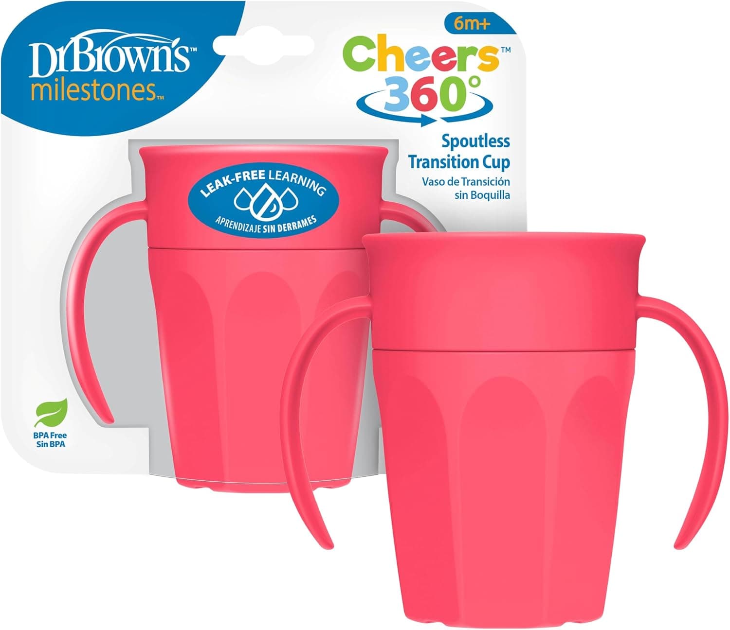 Dr. Brown's Milestones Cheers 360 Spoutless Transition Cup with Handles, Leak Free Sippy, Pink, 7 oz/200 mL, 6m+
