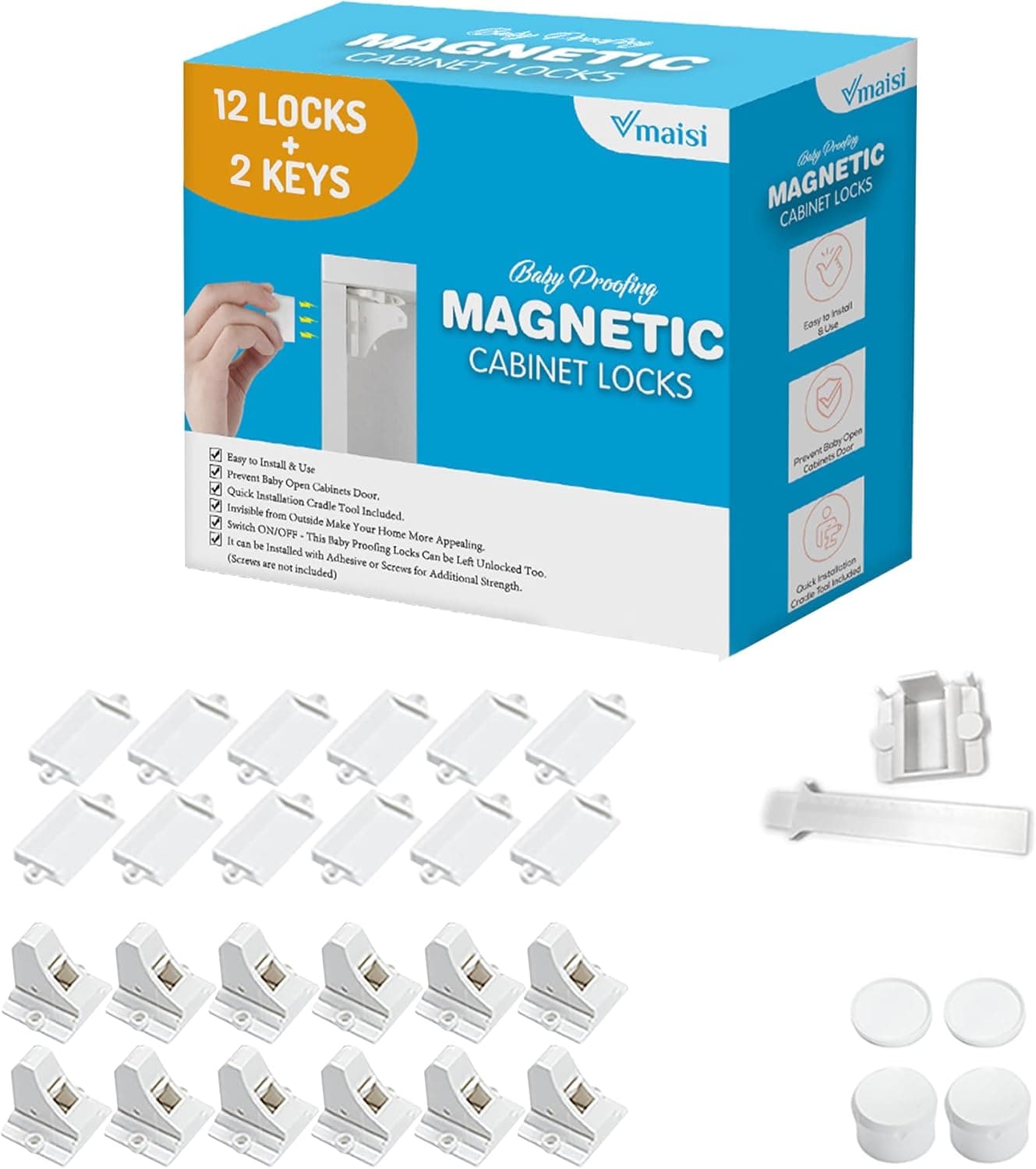Vmaisi Adhesive Magnetic Cabinet Locks (12 Locks and 2 Keys) Child Safety Baby Proofing