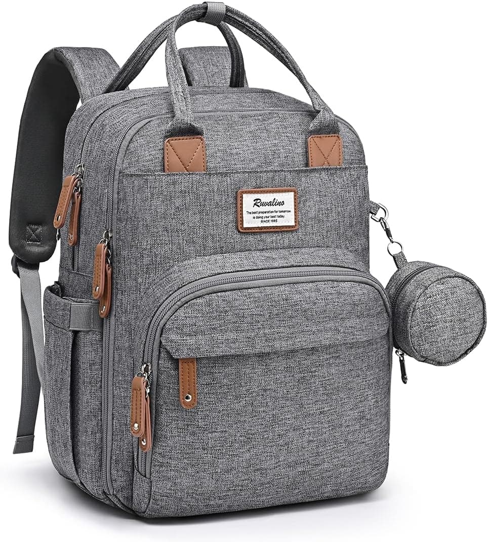 RUVALINO Diaper Bag Backpack, Multifunction Travel with Changing Pad, Insulated Bottle Holders, Gray