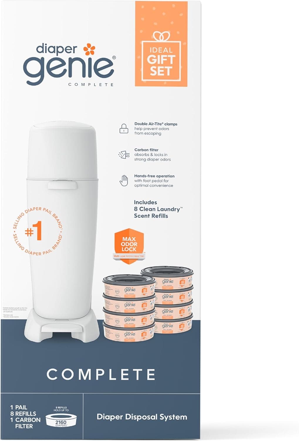 Diaper Genie Registry Gift Set, Includes Complete Diaper Pail, 8 Refill Bags, 1 Carbon Filter