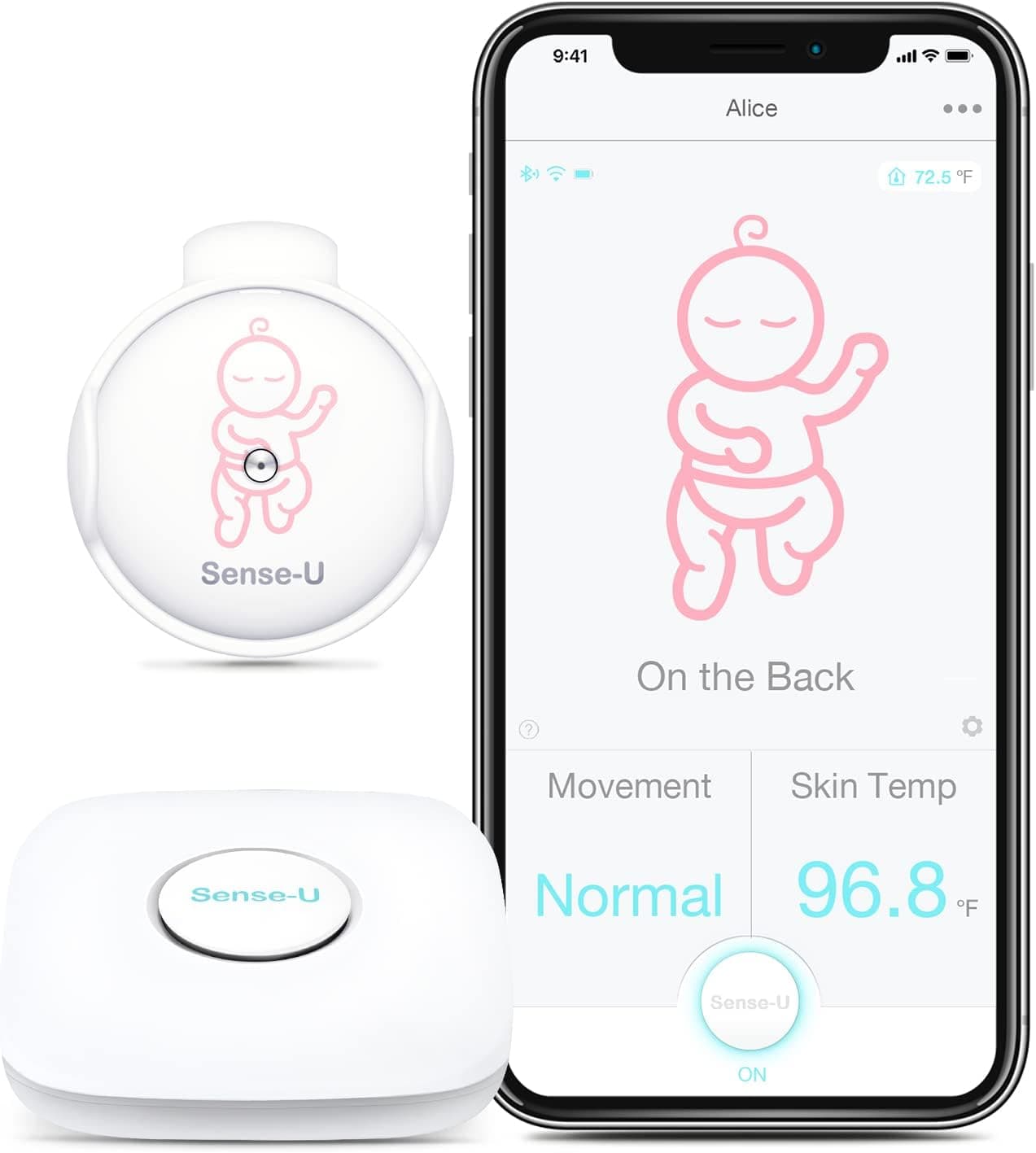 Sense-U Baby Breathing Monitor 2, Monitors Infant Breathing Movement, Rollover, Temperature, Pink
