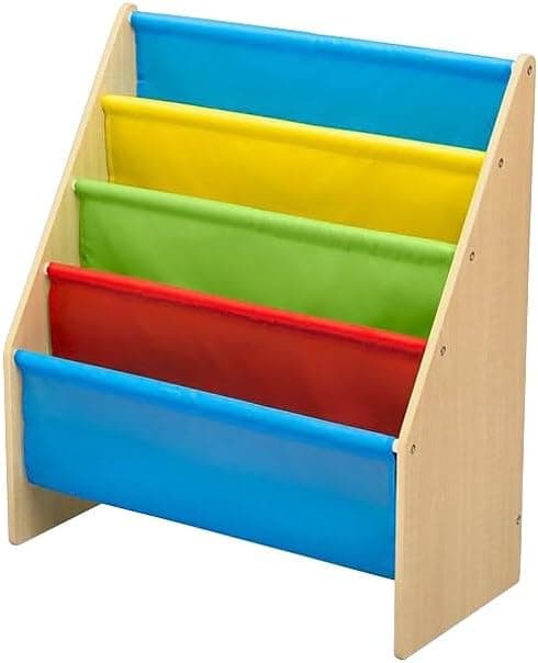 Delta Children Sling Book Rack Bookshelf, 4-Tier Wooden Shelf with Soft Fabric Pockets, Natural