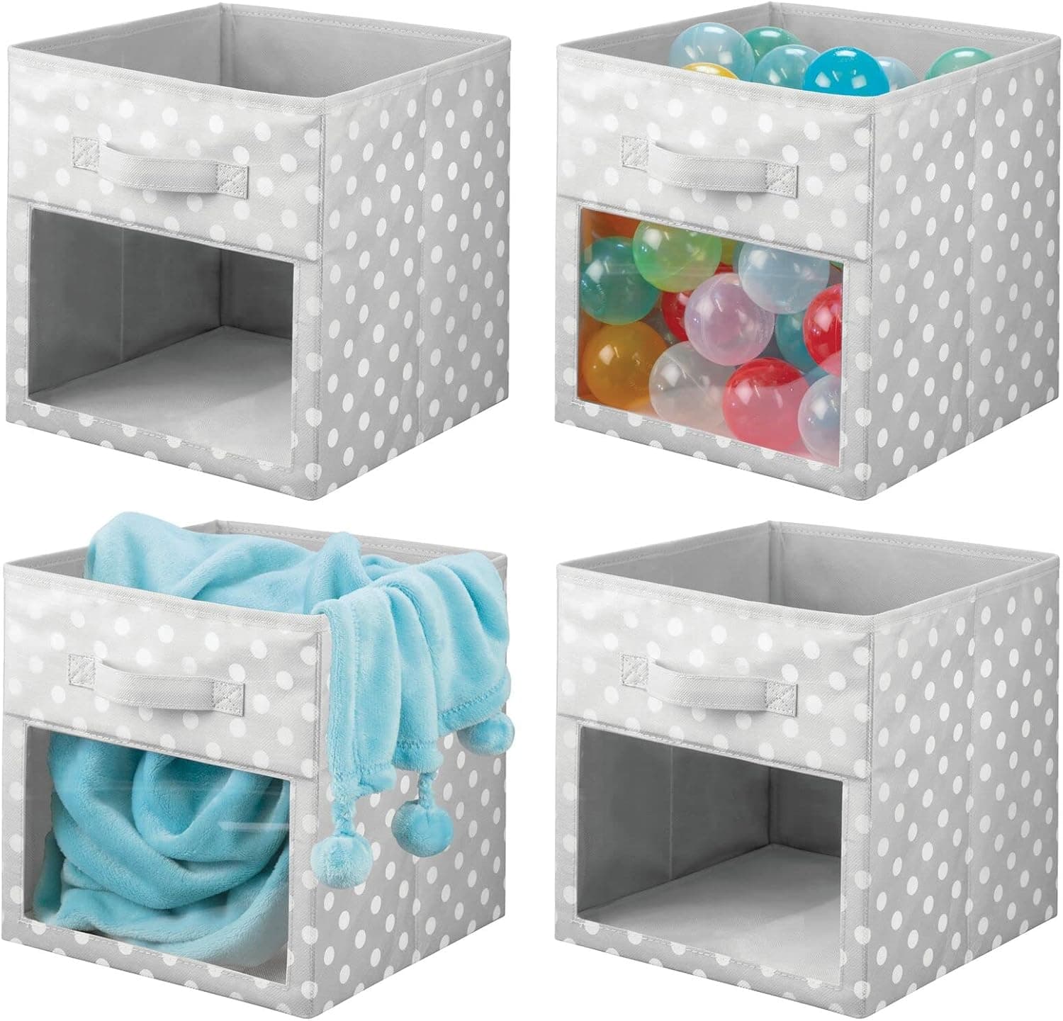mDesign Fabric Nursery Playroom Closet Storage Organizer Bin, Front Handle Window, 4 Pack, Gray/White Polka Dot