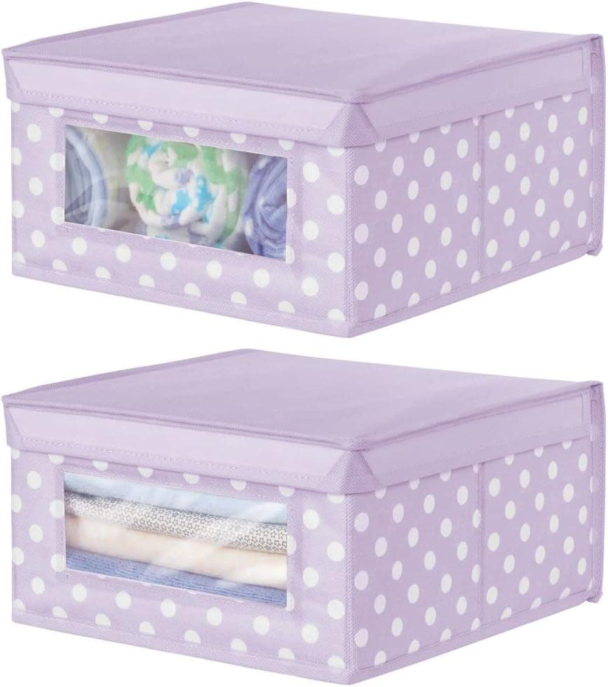 mDesign Medium Soft Stackable Fabric Baby Nursery Storage Bin with Front Window and Lid, 2 Pack, Wisteria Purple