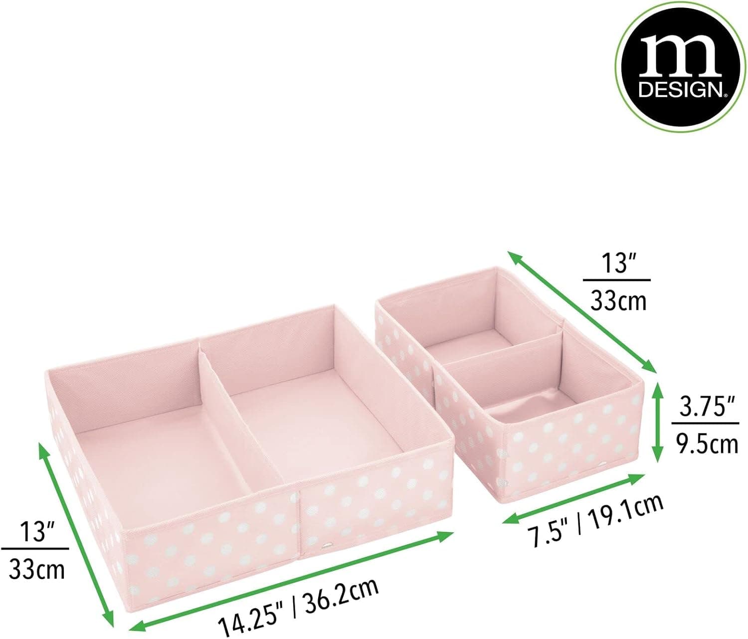mDesign Fabric Drawer Organizer Bins, Kids Baby Nursery Dresser Closet Shelf, Set of 2, 4 Pack, Pink/White Dot