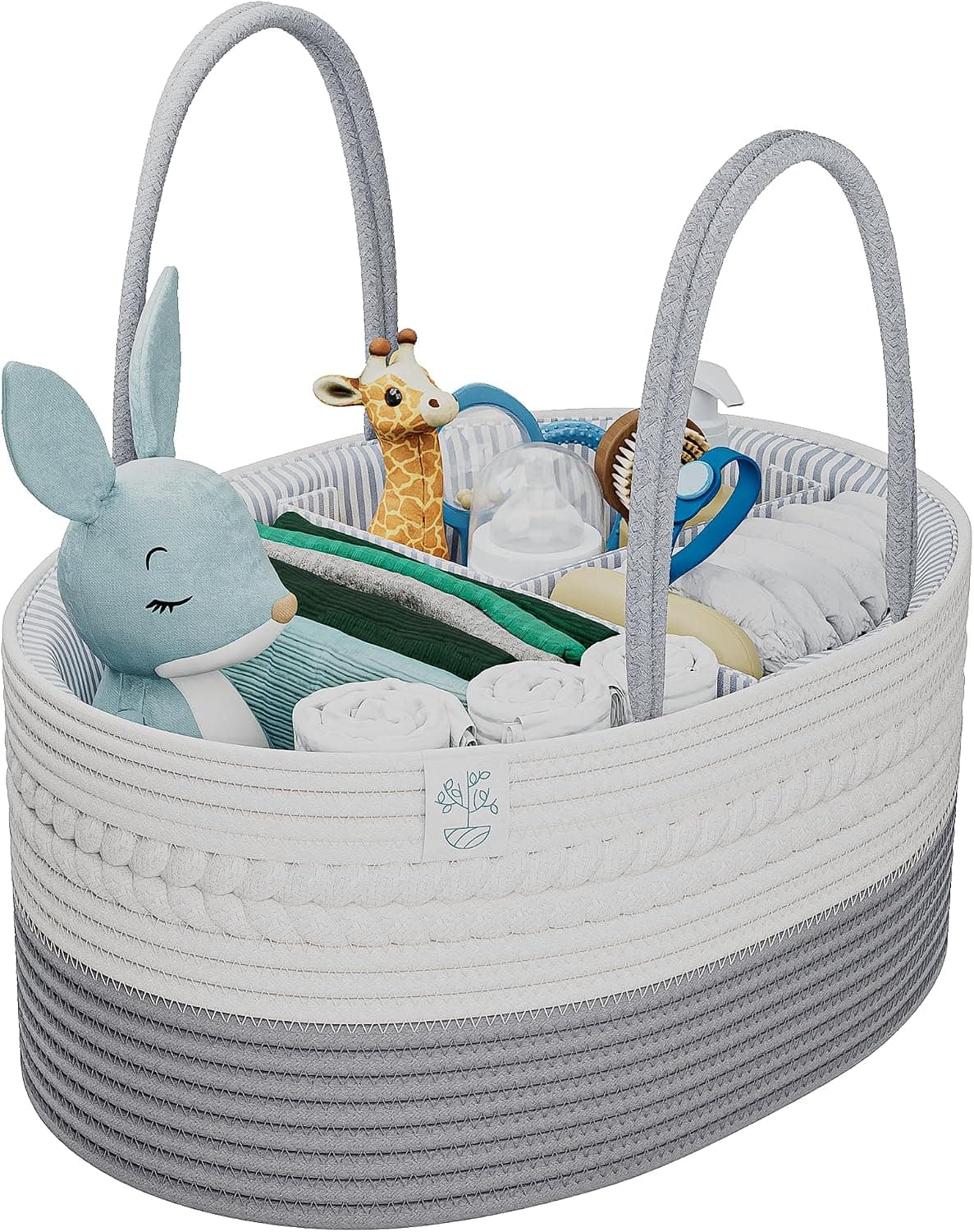 Kiddycare Woven Diaper Caddy Basket with Handle Lid and Dividers for Baby Nursery, Gray, Large