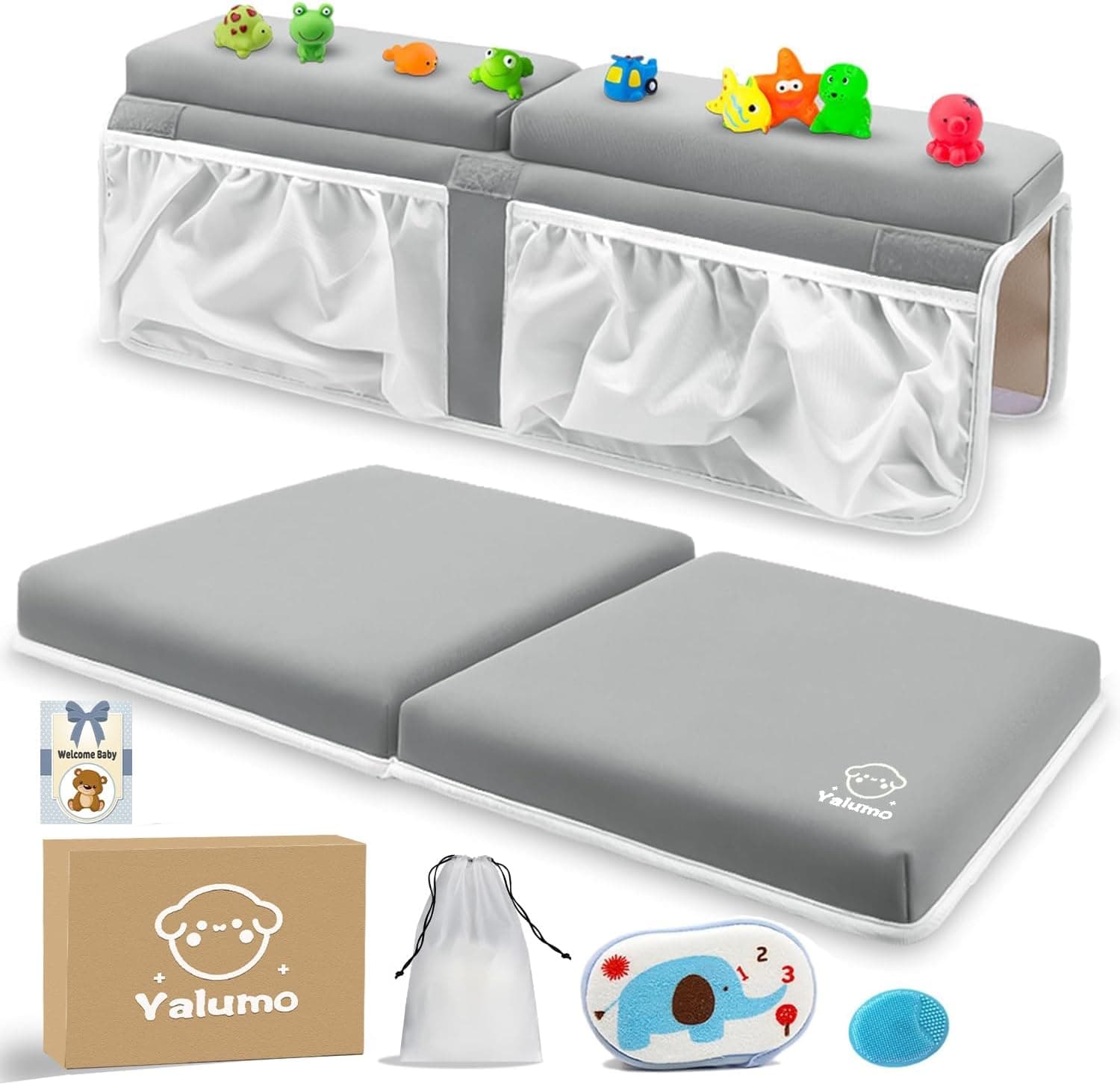 Bath Kneeler and Elbow Rest Pad Set, Thick Non-Slip Bathing Mat with Arm Support and Pockets, Gray
