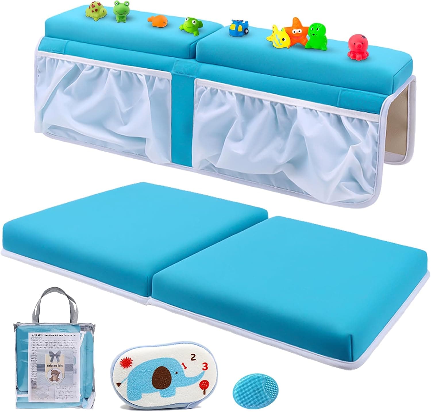 Bath Kneeler and Elbow Rest Set, Thick Kneeling Mat with Arm Support and Pockets Organizer, Blue