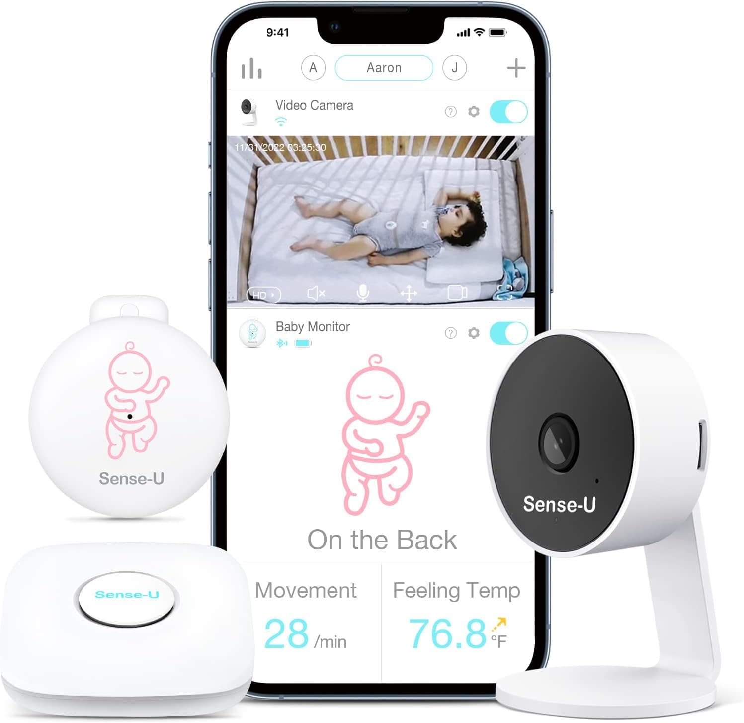 Sense-U Smart Baby Monitor 3 Long Range + Camera, Tracks Abdominal Movement, Rollover, Video