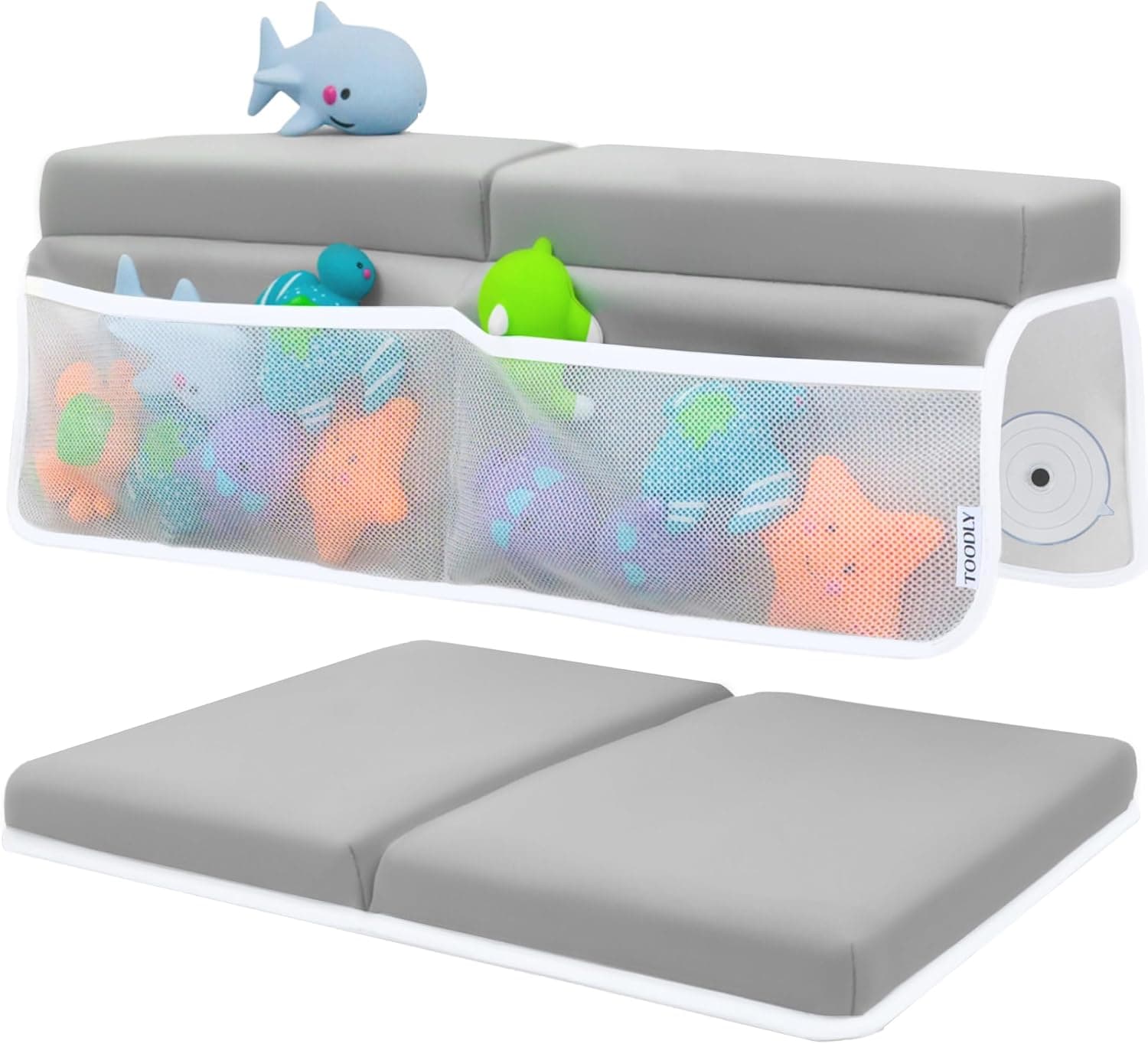 Comfortable Baby Bath Kneeler and Elbow Rest Pad Set, Thick Memory Foam with Toy Organizer, Grey