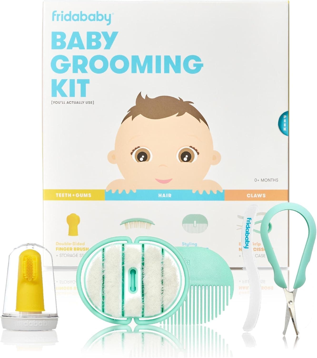 Frida Baby Grooming Kit, Baby Essentials Gift Set with Finger Brush, Hair Brush, Comb, Nail Scissors