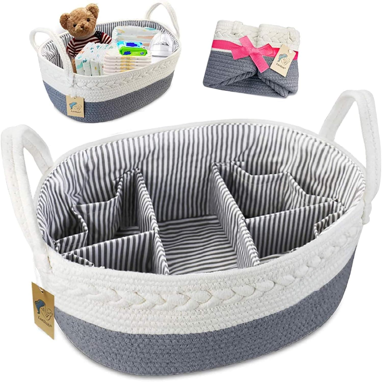 Lzellah Baby Diaper Caddy Organizer, Extra Large Rope Nursery Bin, 8 Pockets, 5 Compartments