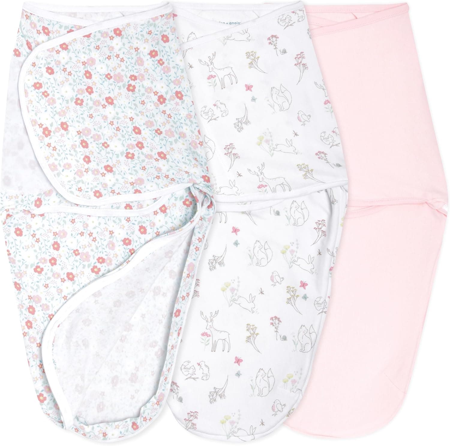 aden + anais Essentials Easy Swaddle Wrap Quick Change Bottom Zipper, Cotton Knit, TOG 1.0, 3-Pack