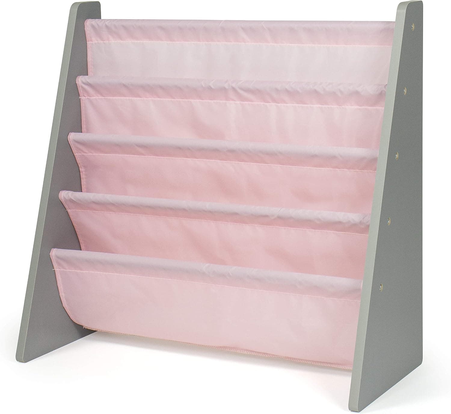 Humble Crew 4-Tier Kids Bookshelf, Grey Wood/Pink, Toddler Sling Book Rack Nursery Organizer