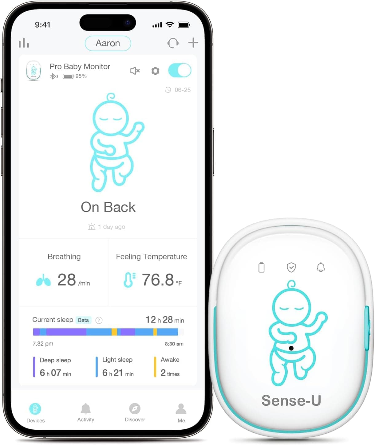 Sense-U Pro Baby Monitor, Breathing Movement, Rollover & Overheating Trackers, Arousal Vibration