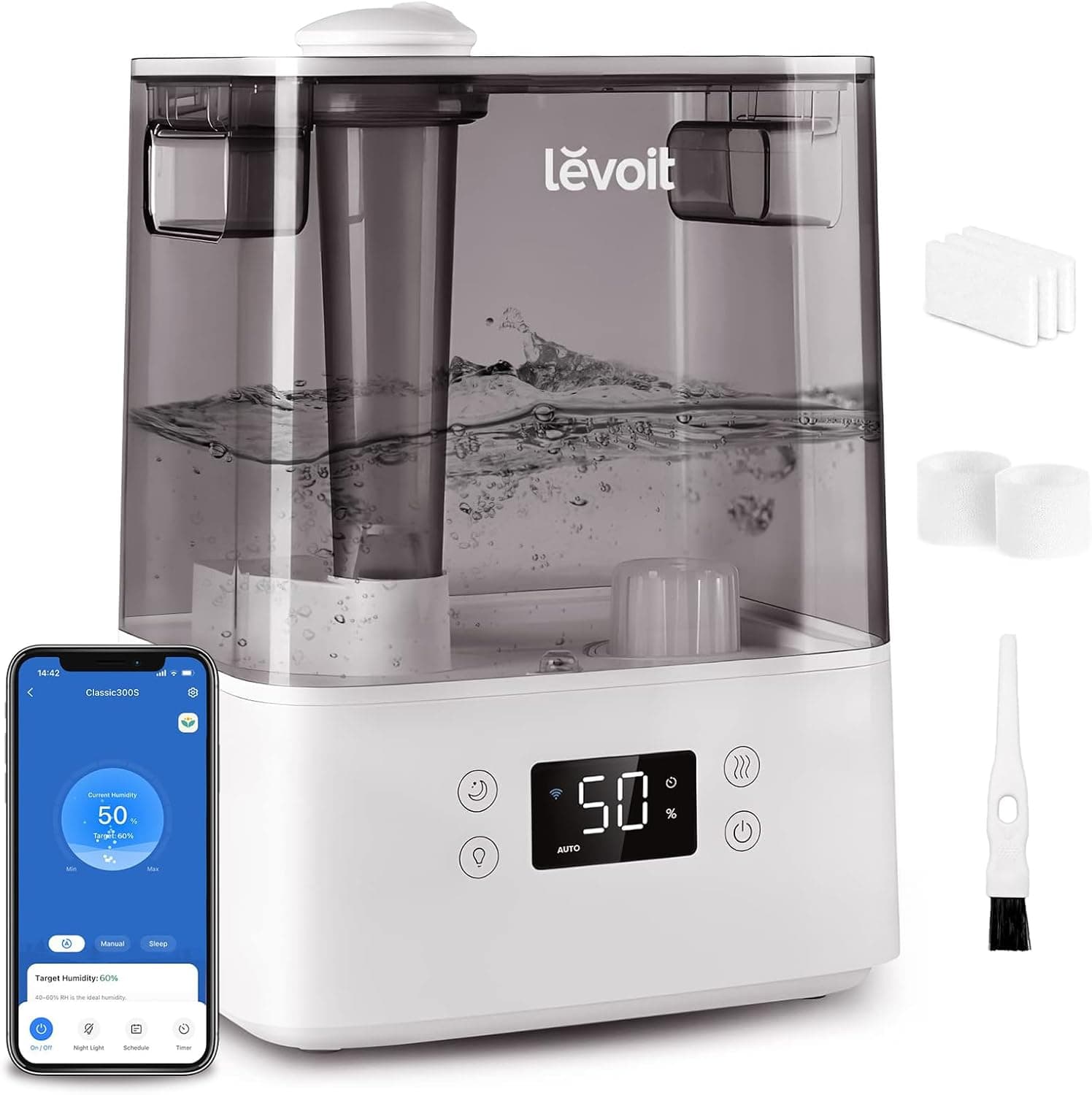 LEVOIT 6L Cool Mist Top Fill Humidifier Essential Oil Diffuser for Baby & Plants, Smart App, Gray