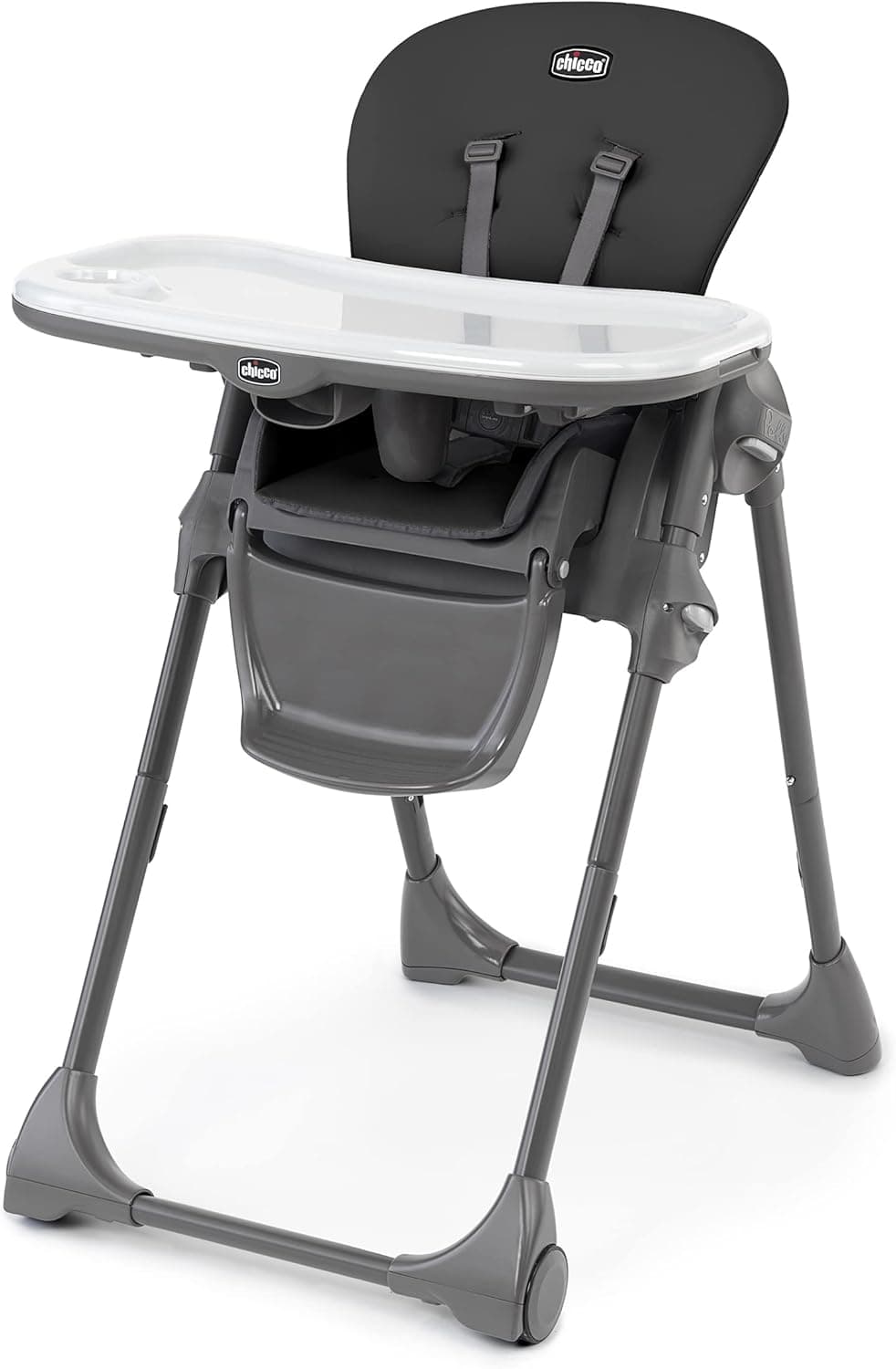 Chicco Polly Space-Saving Foldable High Chair with Easy-Clean Seat Pad, Multi-Position Recline, Black/Black