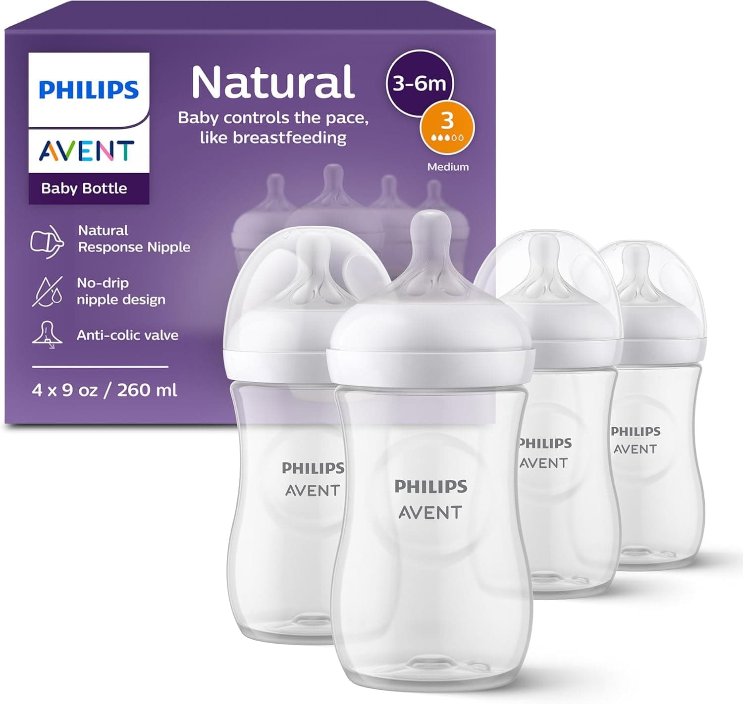 Philips Avent Natural Baby Bottles with Natural Response Nipples, Flow 3, 9oz, 4-Pack, SCY903/04