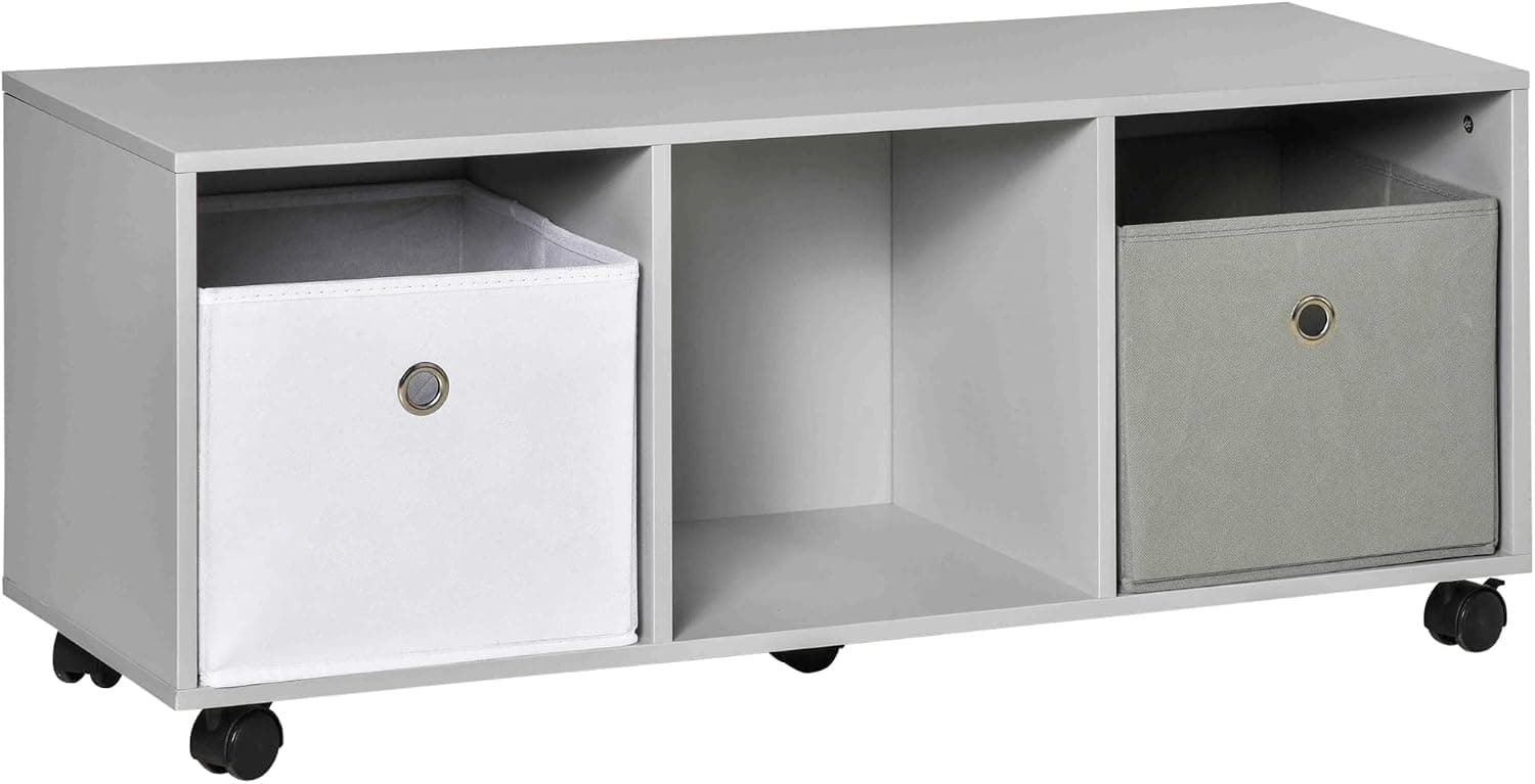 HOMCOM 3 Cube Storage with Wheels, Hidden Pull-Out Toy Bin Kids Cubby Organizer, Cloud Gray
