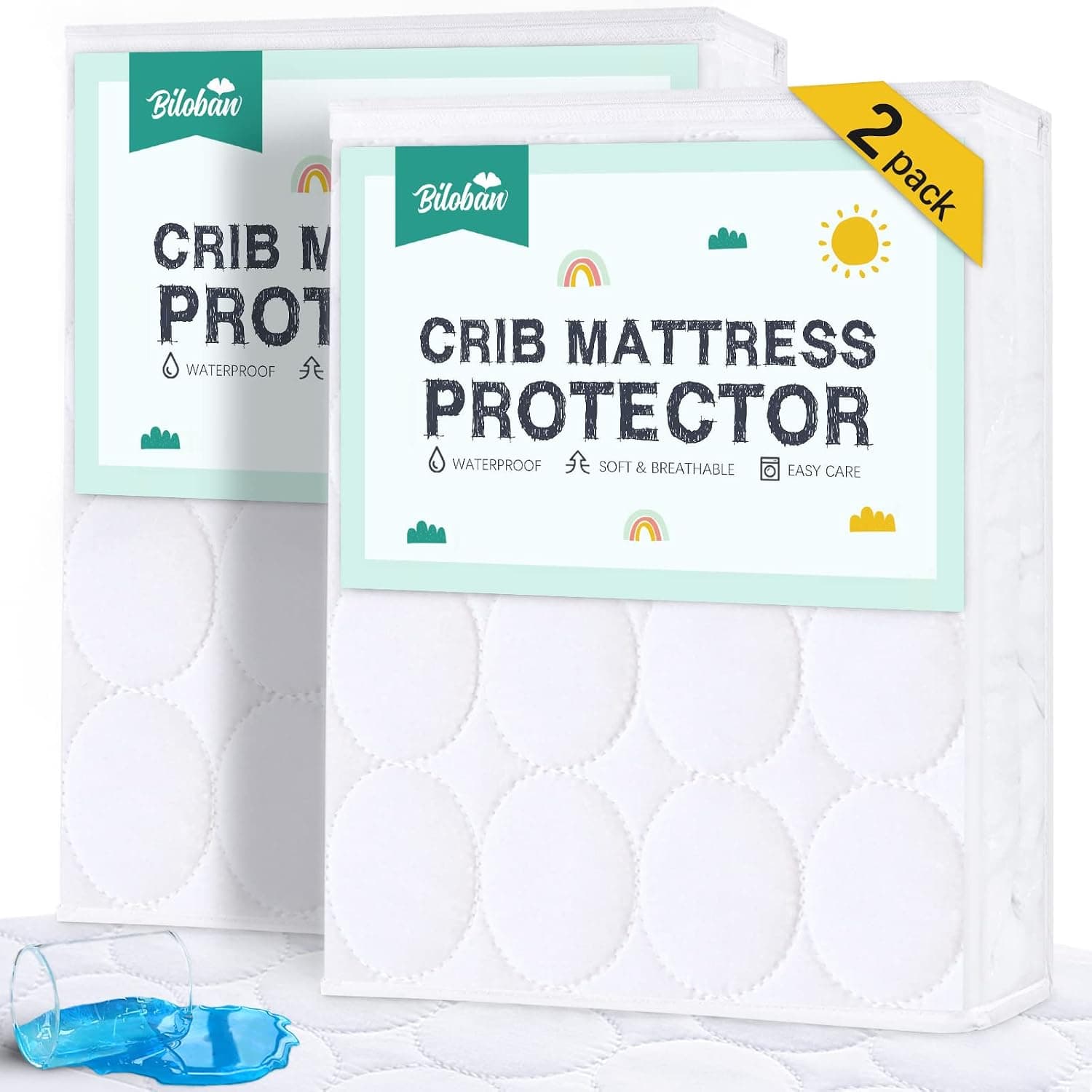 Crib Mattress Protector Sheets Waterproof 2 Pack, Quilted Pad Cover Fitted for Toddler Bed, 52x28