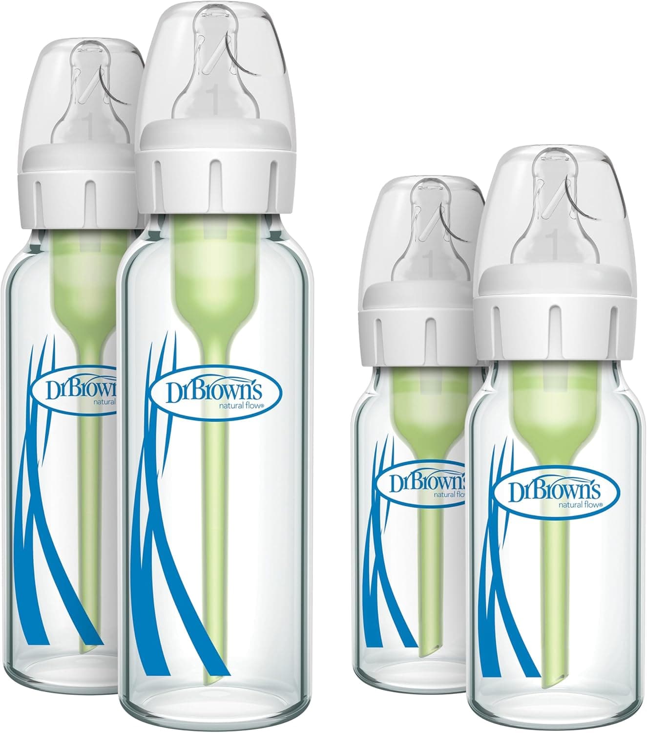Dr. Brown's Natural Flow Anti-Colic Options+ Narrow Glass Baby Bottles, 8oz and 4oz, 4-Pack
