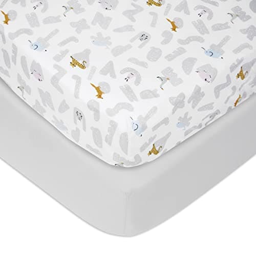 aden + anais Essentials Classic Poplin Crib Sheets, 100% Cotton Fitted Sheet, Standard Crib Mattress Topper for Baby Boys and Girls, 2 Pack, Alphabet Animals