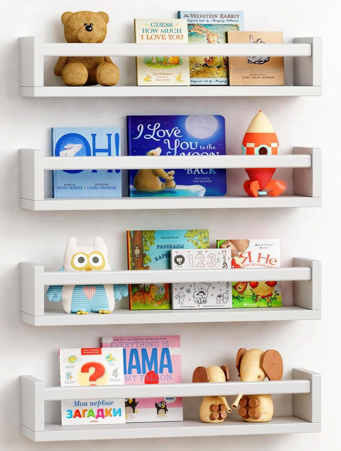 Forbena Floating Nursery Book Shelves for Wall Set of 4, White Wood Hanging Bookshelves Kids Room