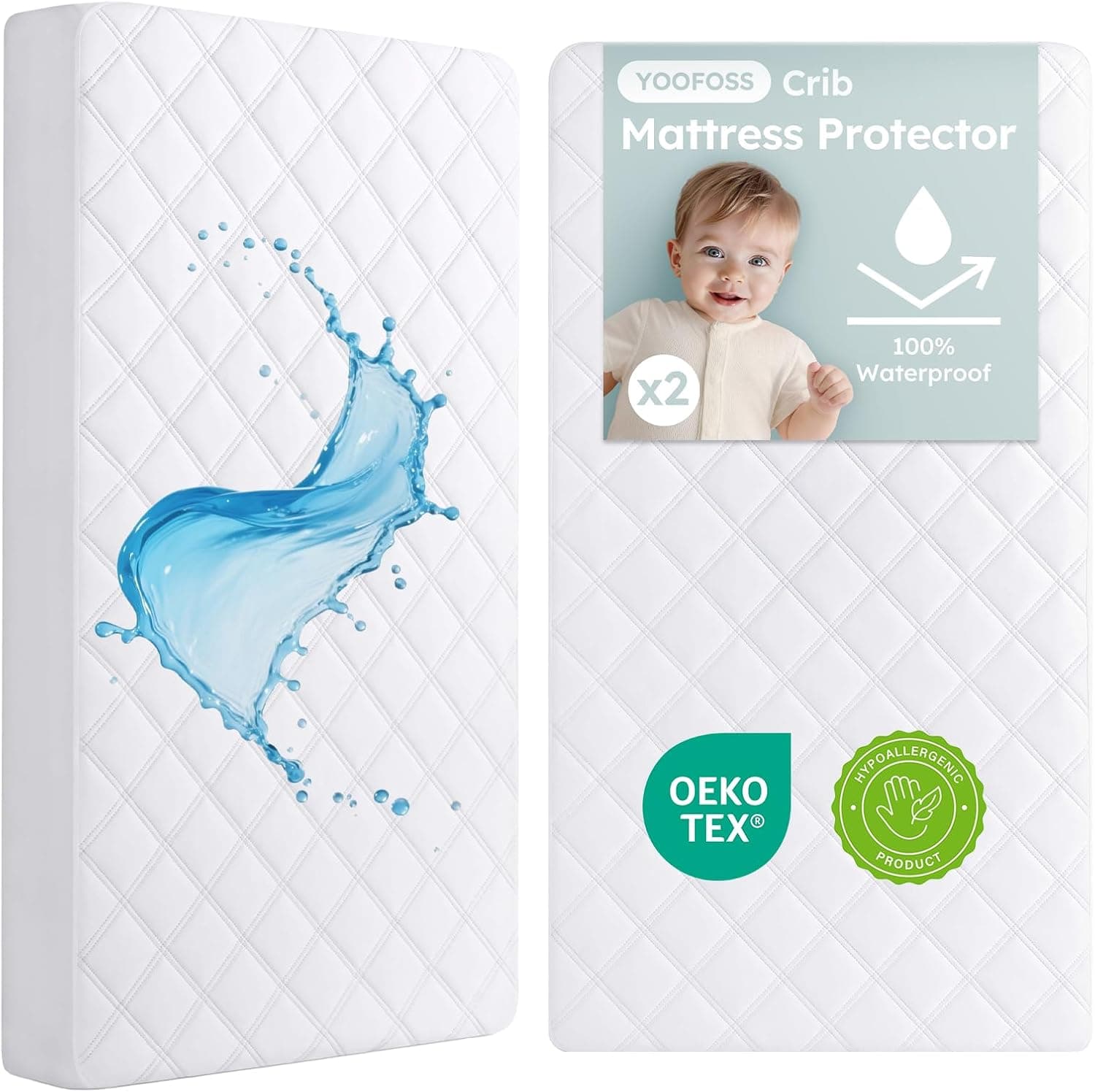 Yoofoss Waterproof Crib Mattress Protector 2 Pack, Quilted Pad Cover, Breathable, Machine Washable, 52x28