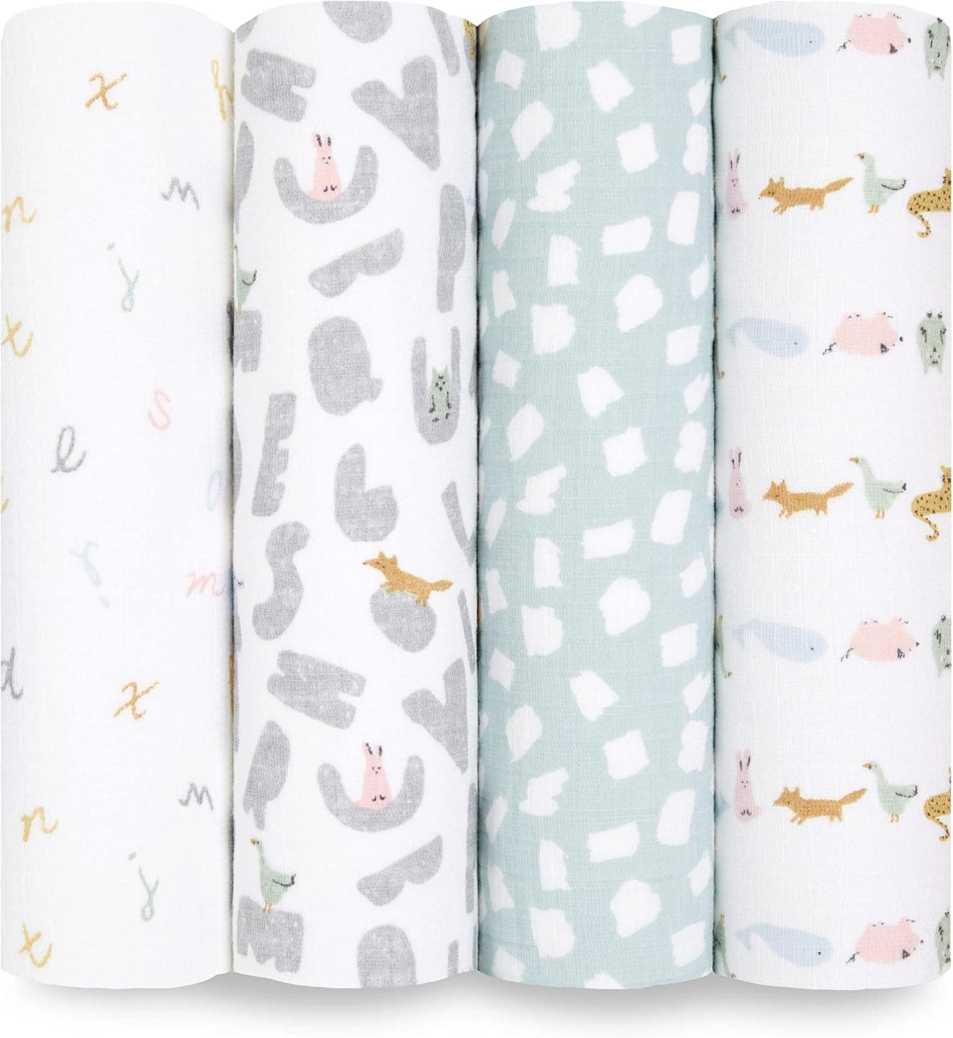 aden + anais Essentials Cotton Muslin Swaddle, Breathable Baby Blanket, Receiving Blanket, 4 Pack, Alphabet Animals