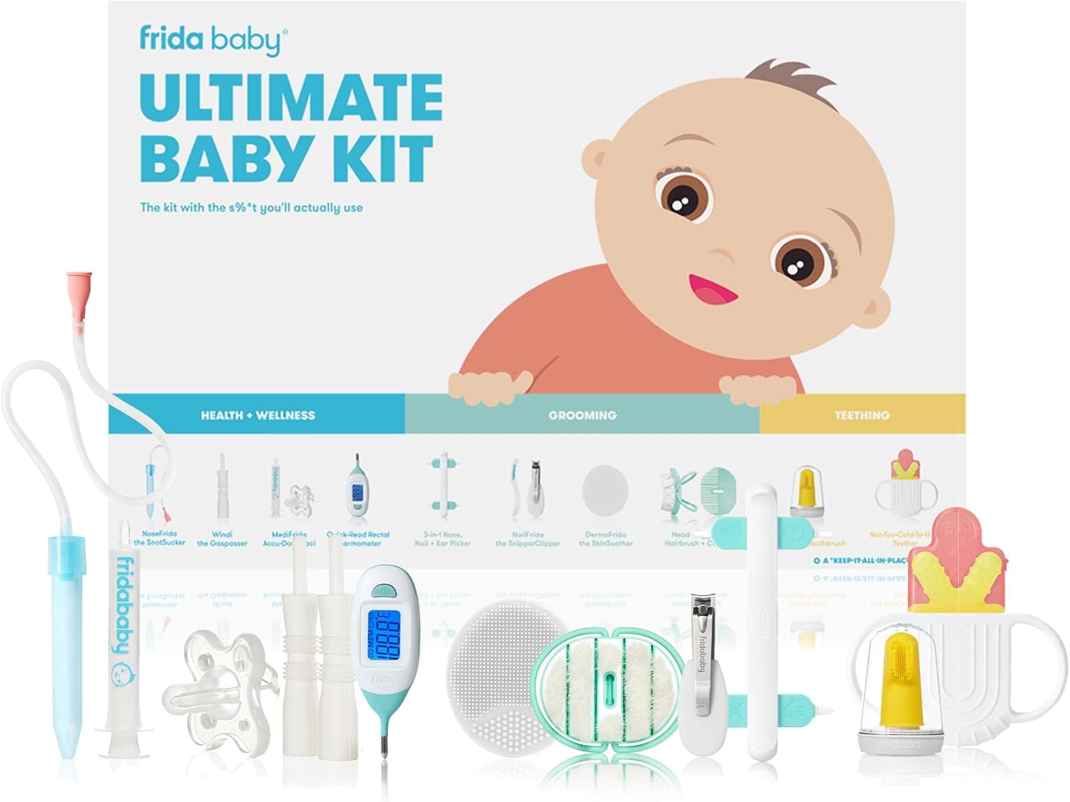 Frida Baby Ultimate Baby Kit, 10 Piece Newborn Essentials Gift Set, Grooming Tools & Teething Toys
