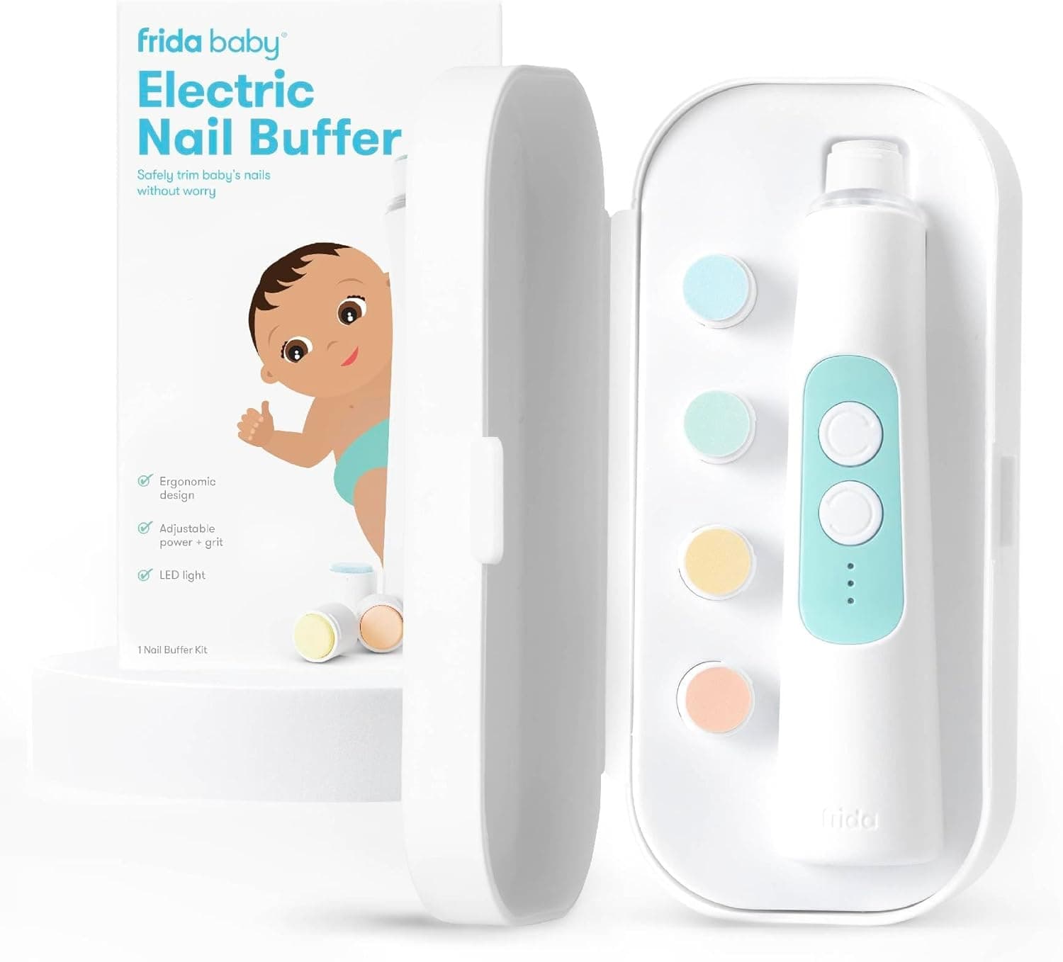Frida Baby Electric Nail Buffer, Safe Easy Baby Nail File + Trimmer Kit, LED Light, Storage Case