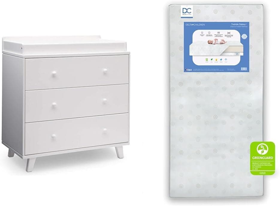 Delta Children Ava 3 Drawer Dresser with Changing Top and Interlocking Drawers, White